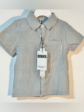 Ochenta Kids' Short-Sleeve Button-Down Shirt in White and Navy Stripe